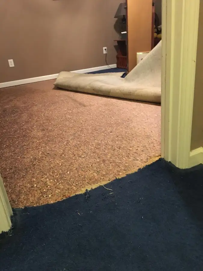 Carpet pad removal revealing water damage during Water Mitigation Services in Kodiak